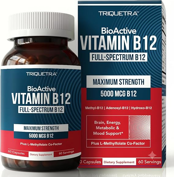 Triquetra Health Vitamin B12 5000mcg Complex, Methylated Methylcobalamin for Women & Men with Hydroxocobalamin, Adenosylcobalamin, Supports Energy, Metabolism & Mood, Vegan, Non-GMO (60 Servings)