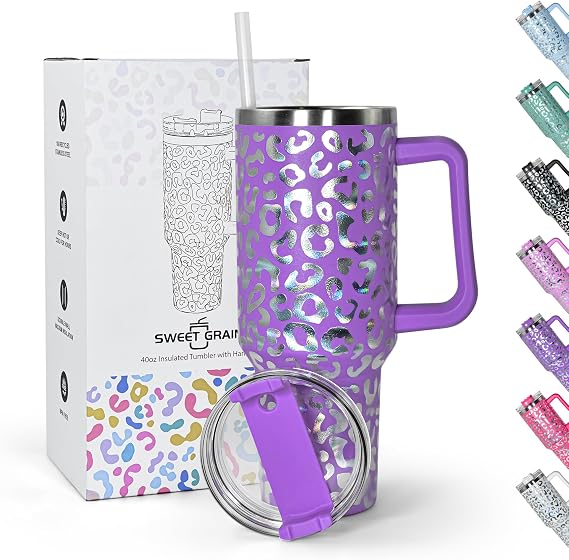 sweet grain 40oz Glass with Handle and Straw, Stainless Steel Purple Leopard Print Cup and Straw Cover, Double Vacuum Cheetah Cup Keeps Drinks Cold for Up to 24 Hours
