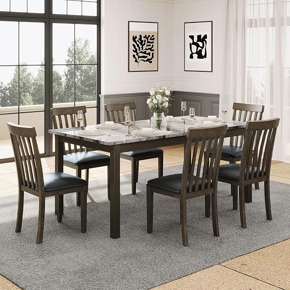 AMERLIFE 7-Piece Dining Table Set with Chairs, Faux Marble Table, Brown | Dining Table Set with 6 PU Leather Upholstered Chairs, Heavy-Duty Solid Wood Set for Kitchen & Dining Room