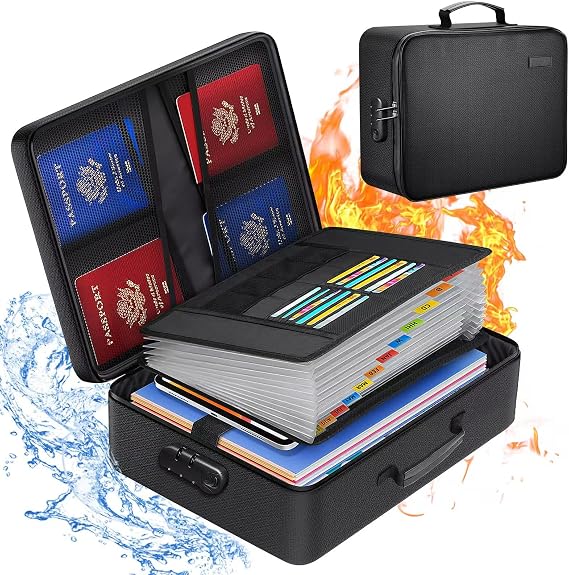TOPCJ Fireproof Document Box with Lock,Waterproof Document Organizer with Zipper,Heat Insulated Accordion File Organizer,Portable File Box for Important Documents,Files,13 Pockets