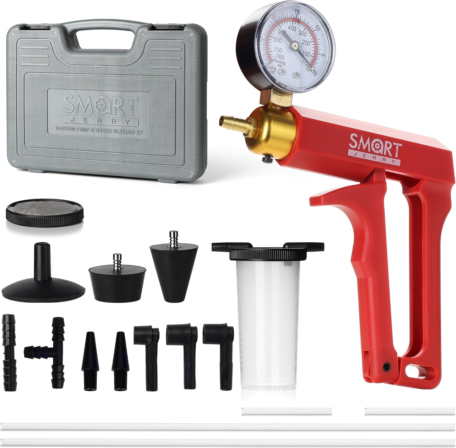 SMART JERRY - Brake Bleeder Kit with Hand Vacuum Pump | 17 Pcs Motorcycle Brake Fluid Bleeder Kit | Vacuum Brake Bleeder Tool with Pressure Gauge & Storage Case