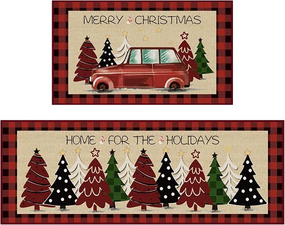 Christmas Kitchen Mats for Floor, 2 PCS Non-slip Bottom Kitchen Rugs, Red | Low-Profile with Christmas Tree Print Mat for Home, Office, Sink, Kitchen,Hallway,Holiday Decor, 17x30+17x47