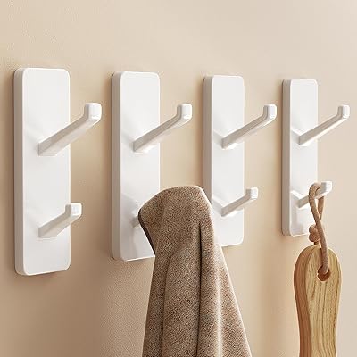 Self Adhesive Wall Hooks for Hanging: 13 LB Strong Hold, Sticky Hangers for Coat, Towels, Purse, Keys, Jacket, Bag - for Wall, Door, Bathroom, Shower, Kitchen - Stainless Metal, White, 4 Pack