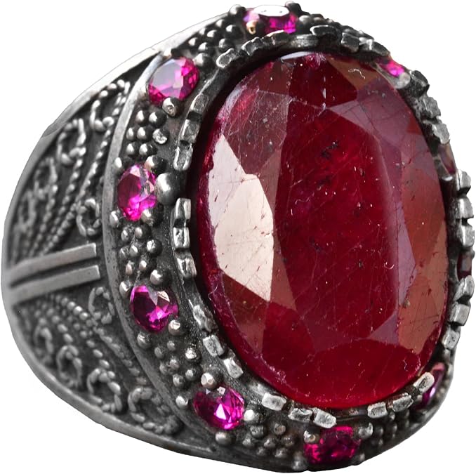 KAMBO Handcrafted Sterling Silver Men's Ring | Natural Ruby Gemstone | Sultan Ring - Bold and Regal Design
