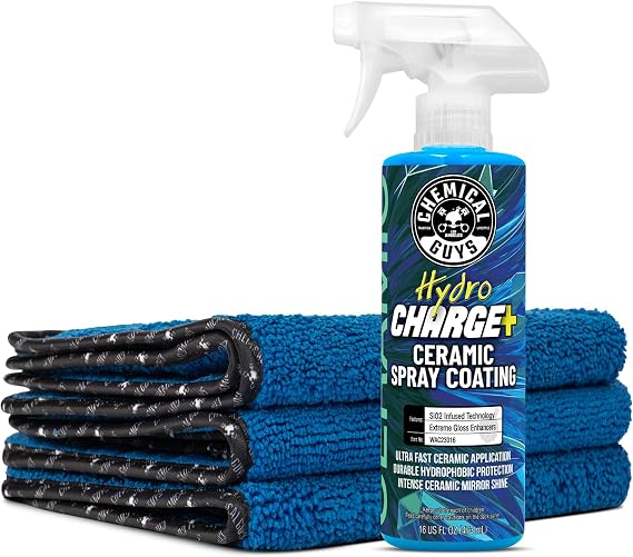 Chemical Guys, HydroCharge Ceramic Spray Coating & Towels Kit, 16 oz, 4 Pc | Ceramic spray coating adds gloss and hydrophobic protection, with three plush Monster microfiber towels