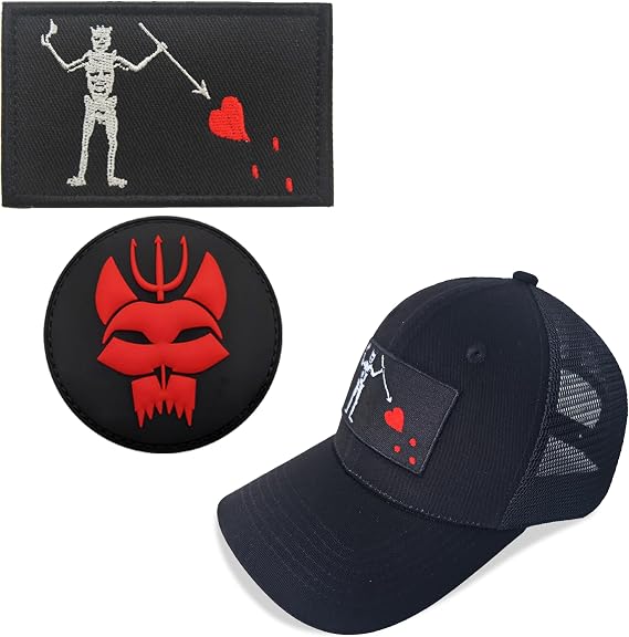 Matching Blackbeard Pirate Flag Cap | Black Patch Trucker Hat Sets,Mesh Pirate Skeleton Hat,Hook and Loop Backed,Edward Teach Patch 2 pcs