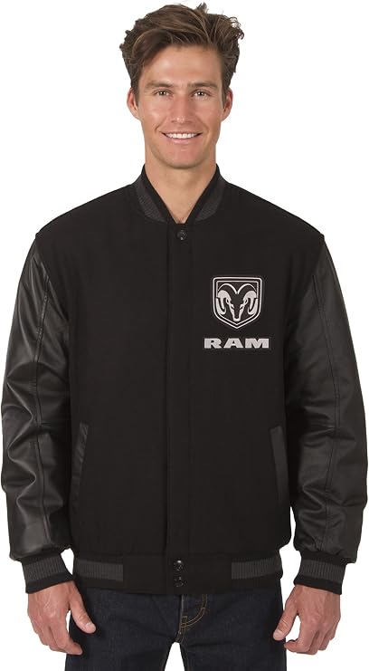 Mens Dodge RAM Wool & Leather Reversible Jacket with Embroidered Emblems