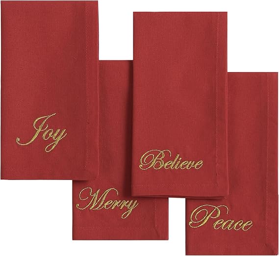 Threadmade Holiday Sentiments Napkins, Set of 4, Red - 20" W x 20" L