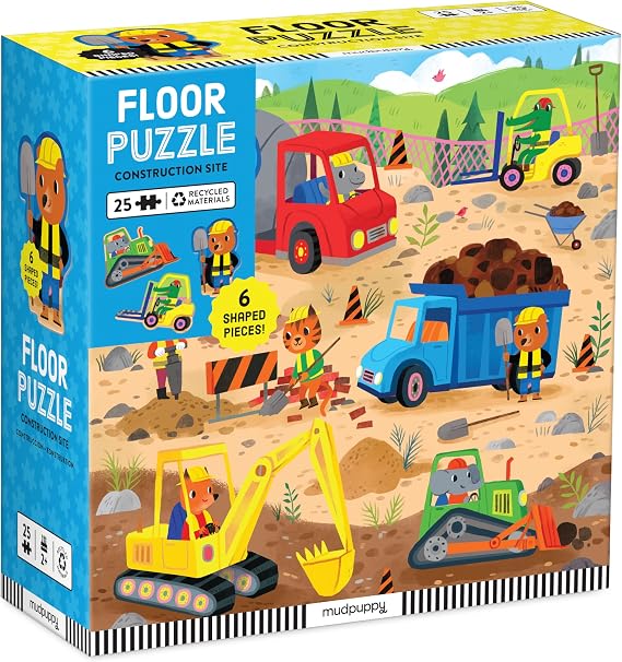 Mudpuppys Construction Site 25 Piece Floor Puzzle, Features 25 Colorful, Oversized Pieces, Includes 6 Special Shaped Pieces of Animal Workers, Bulldozers and More, Ages 2+, Great Gift Idea!