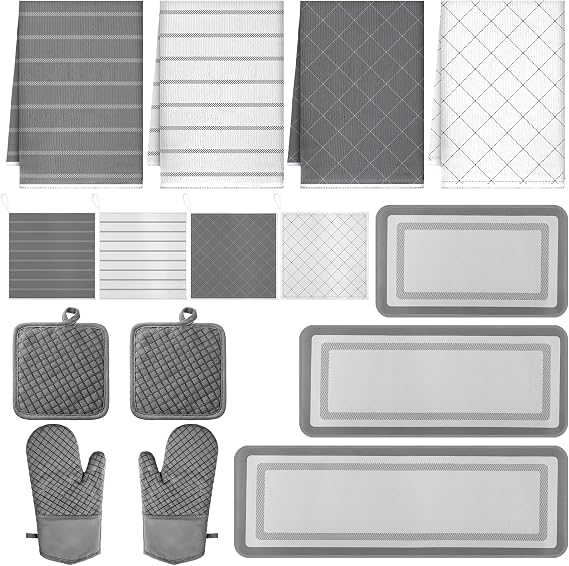 SmoothNovelty 15 Pcs Farmhouse Kitchen Decor and Accessories Set 4 Kitchen Towels 2 Pot Holders 2 Oven Mitts 3 Rugs 4 Dishcloths Absorbent Set Heat Resistant Pot Pads for Cooking Baking(Grey)