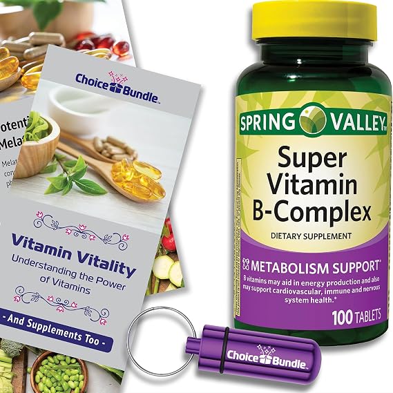 Spring Valley Super Vitamin B-Complex Tablets Metabolism Support 100 Ct Plus Vitamin Vitality & Pill Container (3 Items)!