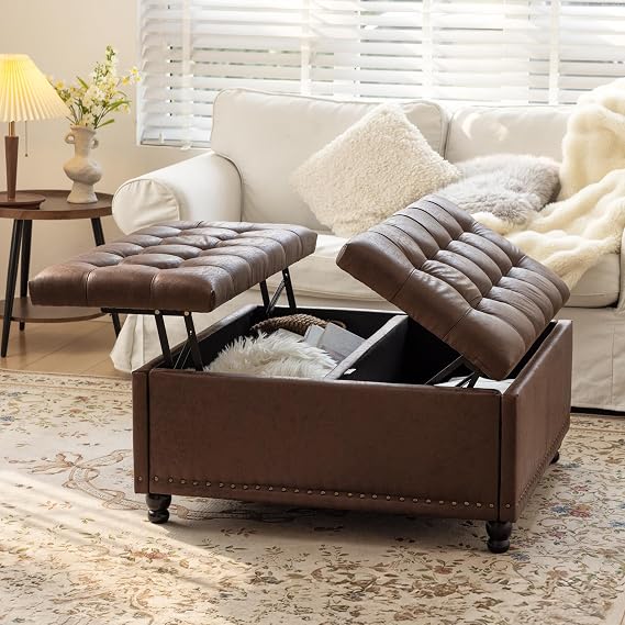 Redlife 35 Inch Large Square Storage Ottoman, Coffee Table Ottoman, Faux | Lift Top Ottomans Bench Square Footrest Oversized Upholstered Coffee Table for Living Room Bedroom Faux Leather (Dark Brown)
