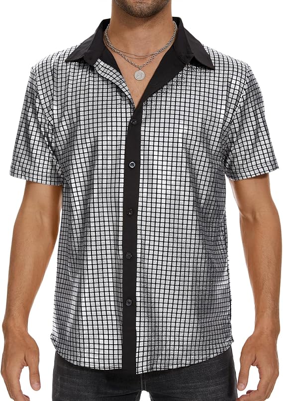Zando Men's 70s Disco Shirt, Sequin Button-Up for Disco Outfits & Halloween