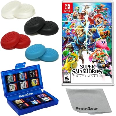 Super Smash Bros. Ultimate - Nintendo Switch with PremGear Thumb Grips 8 pack - Black, Blue, Red & Clear, 24 Slot Game Card Holder & Cleaning Cloth