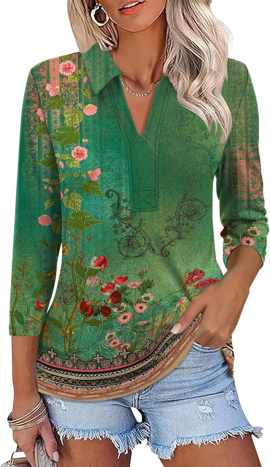 ZHENWEI Womens 34 Length Sleeve V-Neck Collared Tops Summer Business Casual Work Polo Shirts 2025
