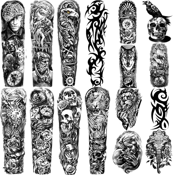 Waterproof Temporary Tattoos Full Arm 8 Sheets and Half Arm Fake Tattoos 8 Sheets, Extra Large Tattoo Stickers for Men and Women or Adult (58X18cm)