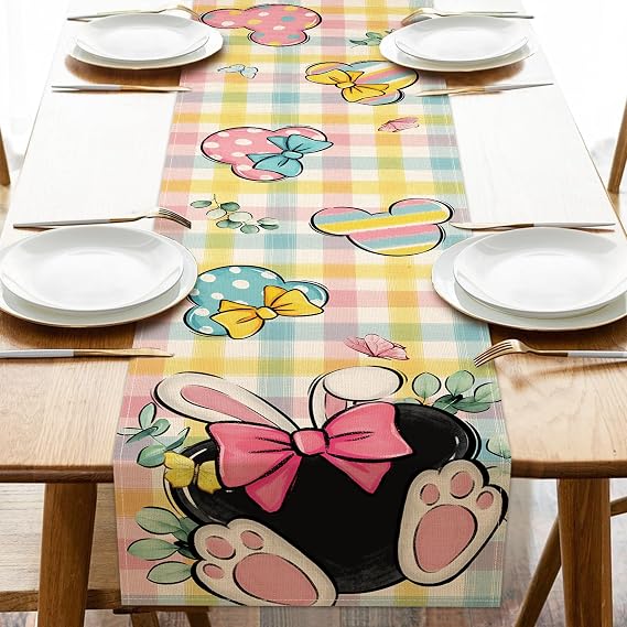 Easter Table Runner, Bunny Ears Colorful Plaid Check Farmhouse | Kitchen Dining Table Decoration, Spring Eucalyptus Leaves Burlap Indoor Outdoor Home Decor Party Supply 13x72 Inches