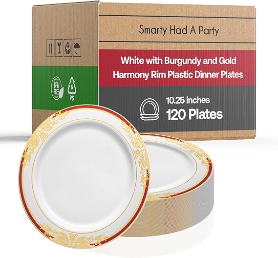 Elegant Disposable Plastic Heavy Duty Dinnerware Sets, Fancy Design Plastic Plates, For Wedding, Birthday & All Occasions (White with Burgundy and Gold, 10.25" Dinner Plates (120 Plates))