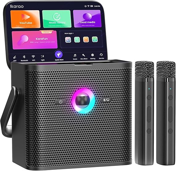 Ikarao Karaoke Machine for Adults Kids, with Lyrics Display Screen, WiFi Connect to Youtube & Karaoke App, 2 EQ Autotune Wireless Microphones Portable Karaokes PA System for Home Family Party Camping