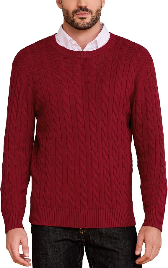 Kallspin Mens Crew Neck Sweater Pullover Pure Cotton Cable Knit Long Sleeve Knitwear Casual Classic Style