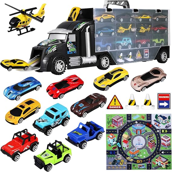 Transport Car Carrier Truck: 18 Pieces Toddler Toys Car for Boys Transport Vehicles Toys with Carrying Case Helicopters Race Model Car Play Mat Kids Toys Car Trucks Toy Set for Kids Boys Girls