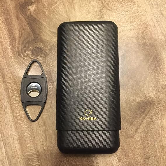 Black Carbon Fiber 3 Ct Wooden Cigar Case Travel Holder With Free Cutter (Cigar Case + Round Cutter)