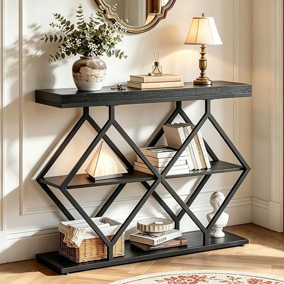 Garvee 3 Tier Console Table,39" Industrial Entryway Table,Open Wood Shelves