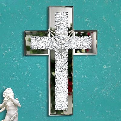 GIMORRTO Mirrored Cross Wall Decor, Crushed Diamond Crystal Glass, Religious Wall Art X Large