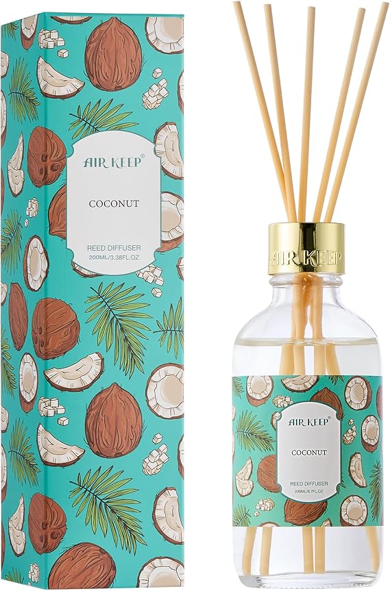 Airkeep Reed Diffuser Oil Set with Reed Sticks,Coconut Aromatherapy Oil Scent Diffuser for Home Office Bathroom Decoration Perfume and Gifts 6.76 oz/200ml