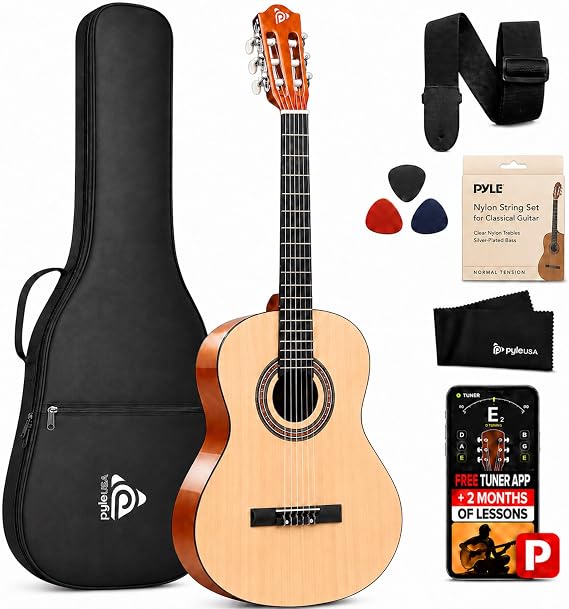 Pyle Beginner Acoustic Guitar Kit, 3/4 Junior Size All Wood Instrument with Full Accessory Kit, Picks, Shoulder Strap, Carry Case, Cleaning Cloth, Tuner App, 2 Month Lessons, 36