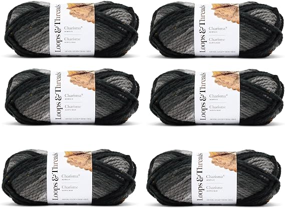 Loops & Threads Charisma Tweed Stripe Yarn - Multicolor Yarn for Knitting, Crochet, Weaving, Arts & Crafts - Charcoal, Bulk 6 Pack
