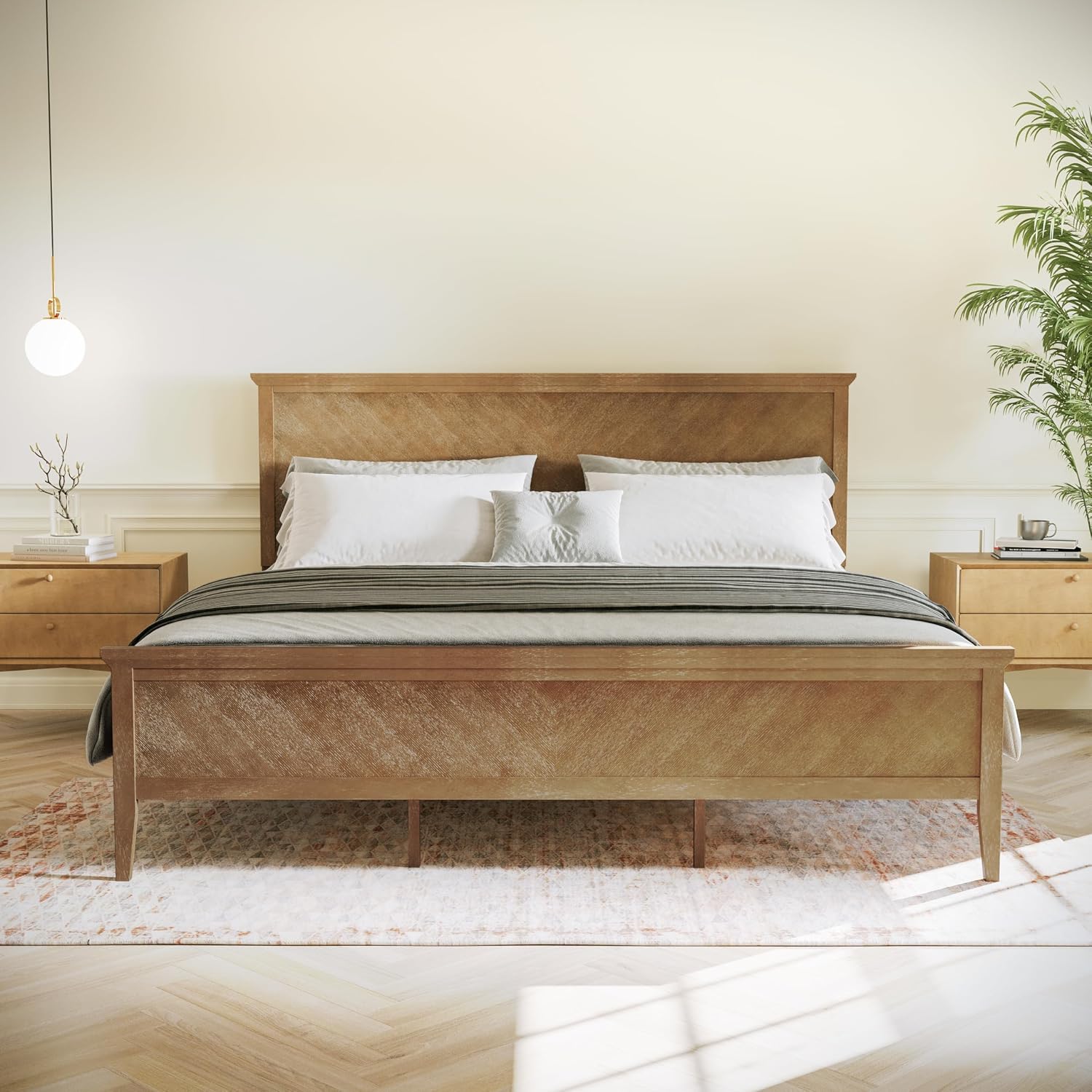 Flash Furniture Fiona King Wood Platform Bed Frame, Solid Wood Construction, Headboard, Footboard, Slatted Bottom, Light Brown