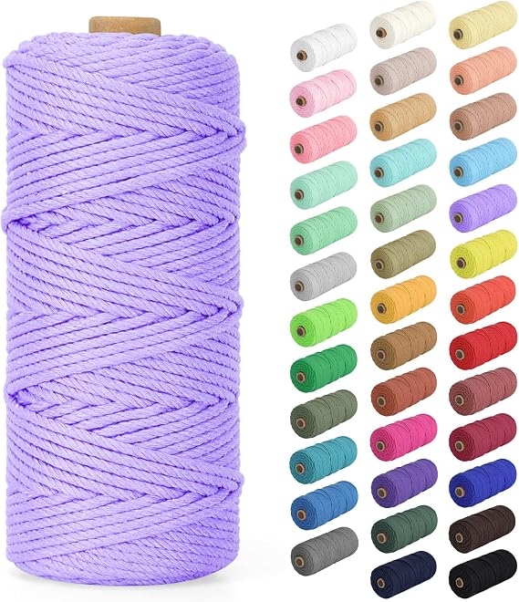 Macrame Yarn 3 mm x 100 m Cotton Cord Coloured Cotton Yarn Braided Cotton Rope Natural Cotton Cord for Macrame Wall Hanging Hanging Basket Curtain and More DIY Decoration Light Purple