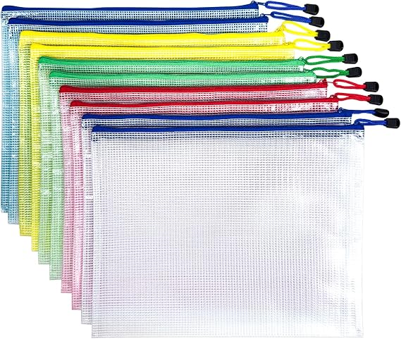 A4 Zip Wallets 10Pcs, Mesh Zip Bags, Plastic Wallets A4 Zip Folders, Storage Zip Lock Bags Document File Folders Puzzle Bag for Stationary Office Supplies, Cosmetics, Travel Accessories
