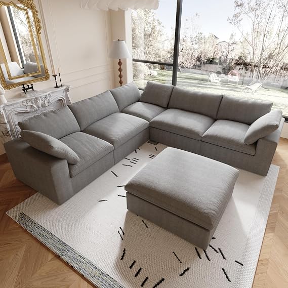 160.6" Cloud Modular Sectional Sofa with Thick Cushion,Down Filled Comfort V Shaped Sofa Couch for Living Room,Minimalist Wide Deep Seat Convertible Couches,4 Seater & 1 Corner+1 Ottoman