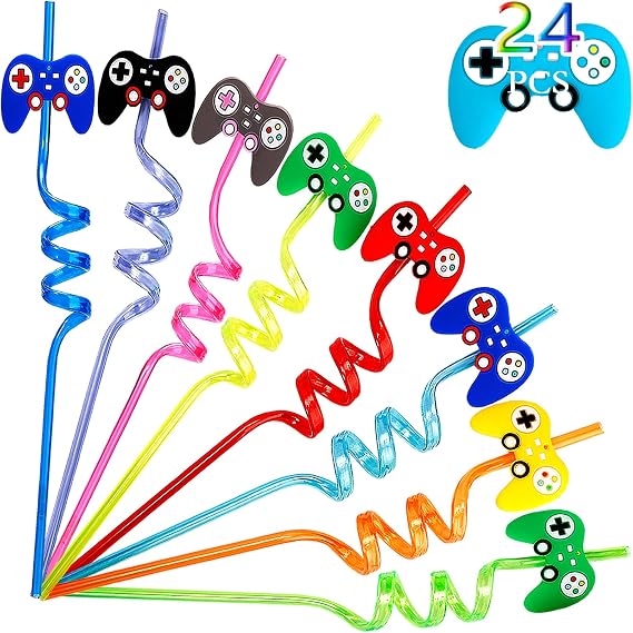 24 Pack Video Game Party Favors Game Controller Drinking Straws,Video Game Straws Reusable Plastic Straws,Boys Gamer Birthday Party Supplies Gifts for Kids,Game On Party Supplies