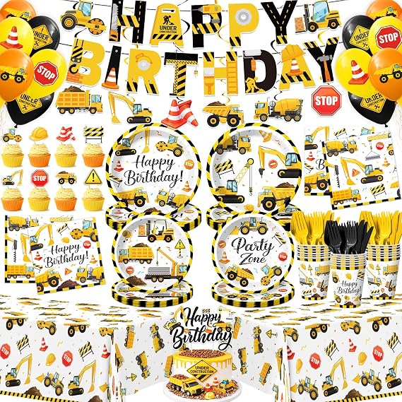 Kinovo 196 Pcs Construction Party Paper Plates Tableware Set (Serves 24), Construction Party Supplies Set Include Plates Napkins Cups For Kids Truck Theme Celebration Tableware