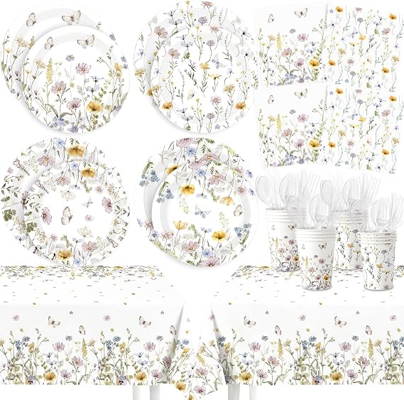 Ceenna 390 Pcs Wildflower Party Decorations for 48 Guests, Spring Floral Paper Plates Napkins Cups Tablecloth Cutlery Disposable Tableware Set for Flower Baby Shower Birthday Wedding Party Supplies