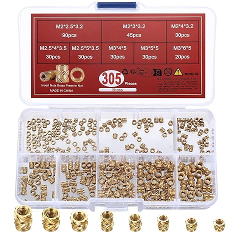 305-Pc Brass Knurled Threaded Inserts, Heat‑Set, M2/M2.5/M3
