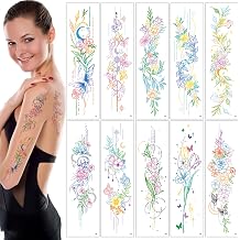 10 Sheets 3D Watercolor Temporary Tattoos For Women Girls-Colorful Flower Butterfly Realistic Long Lasting Fake Arm temporary tattoo Waterproof Tattoos For Women Adult Body Art