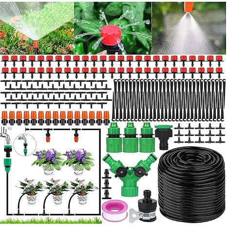 201 PCS Micro Drip Irrigation Kit, 50m/165ft Garden Irrigation DIY System Garden Irrigation Adjustable Nozzle, Automatic Watering Kits for Garden, Greenhouse, Lawn, Patio,Terrace Plants etc