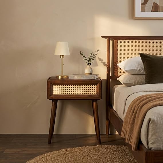 NTC Mel Solid Wood Nightstand with Handwoven Rattan Drawer, Mid Century Modern Bedside Table, Wooden Side Table for Bedroom, Easy Assembly, Dark Walnut