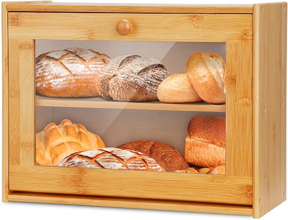Double Layer Bamboo Bread Box with Clear Window, Large Capacity Bread Storage Bin- Kitchen Countertop Storage Box for Bread, Pastries & Baked Goods - Easy Self-Assembly Organizer