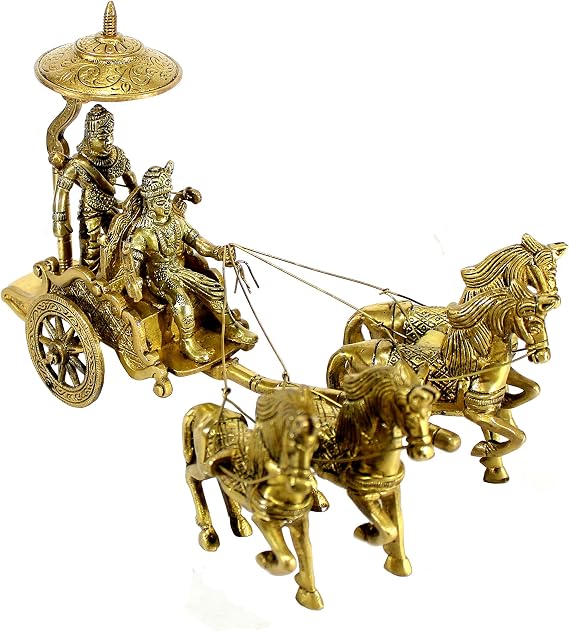 eSplanade Brass Krishna Arjuna Rath Chariot Horses Showpiece | Home Decor | Krishna Arjun Updesh | Gita Saransh (4 Horse Rath)
