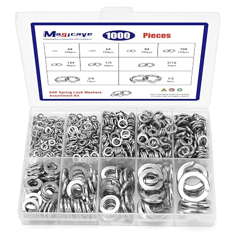 1000 Pcs Spring Lock Washers Assortment Kit 9 SAE Sizes Split Lock Washers, 304 Stainless Steel Washers for Screws and Bolts #4, #6, #8, #10, #12, 14, 516, 38, 12