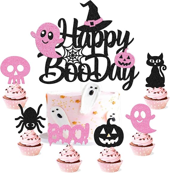 Happy Boo Day Cake Decoration - Halloween Cupcake Topper - Party Decoration - Ghost, Bats, Spider, Cat, Pumpkin, Skull, Witches Theme - Birthday Party Supplies - Glitter Pink, Black