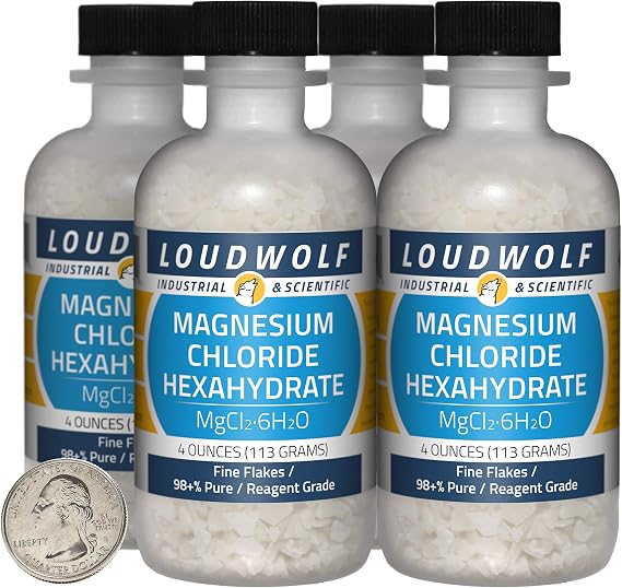 Magnesium Chloride Hexahydrate / 1 Pound / 4 Bottles / 98+% Pure Reagent Grade/Fine Flakes