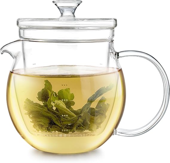 Teabloom Gardenia Glass Teapot with Infuser 100% Borosilicate Glass, Microdot Infuser for Loose Leaf Tea, 27 oz (3-Cup) Capacity, Plastic-Free & Lead-Free, Stovetop Safe
