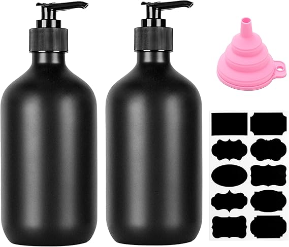2 Pcs Soap Dispenser, 500ML/17oz Pump Bottle Dispenser, Empty Refillable Shampoo and Conditioner Bottles for Bedroom Kitchen Lotions Washing Up Liquid Dispensers, with Funnel & Stickers (Black)