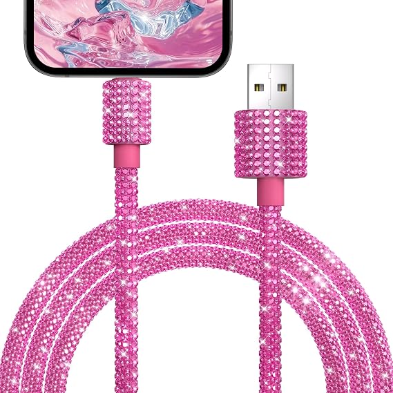 USB to iPhone Cable [MFi Certified] Pink USB Cable 4FT Bling Sparkling Diamond Fast Charging Cord Rhinestones iPhone Charger Cord for iPhone 14 13 12 11 Plus Pro Max Xr iPad 9th 8th 7th Gen